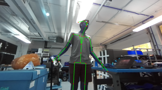 ZED camera view showing full-body 3D pose tracking